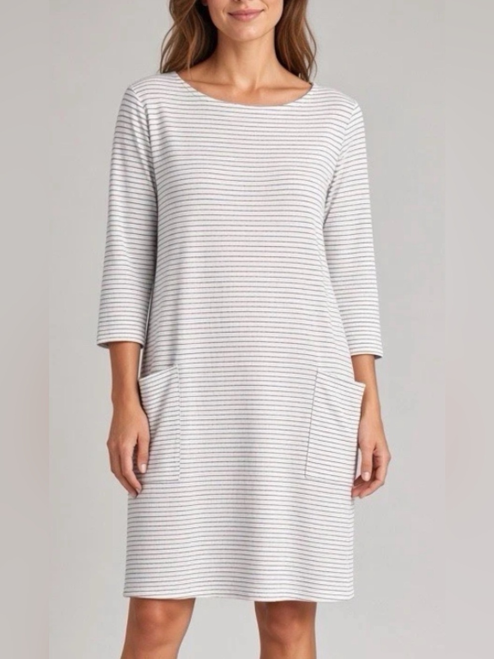 Eileen Fisher Striped Linen Knit Shift Dress 3/4 Sleeve Pockets White Black M